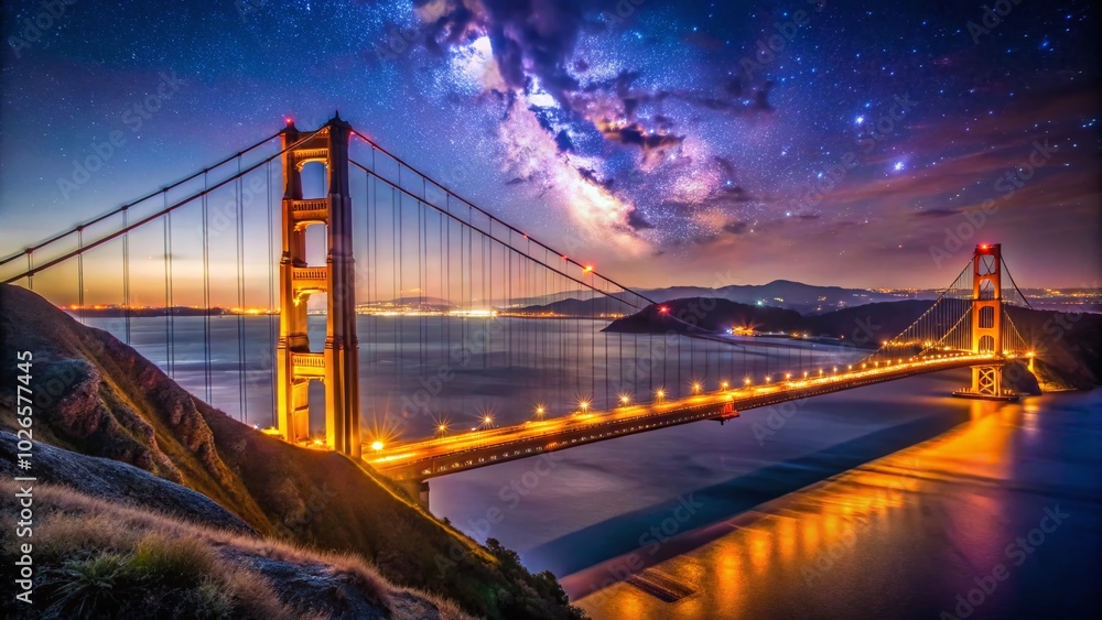 Fototapeta premium Stunning Nighttime Views of Golden Gate Bridge Illuminated by City Lights and Starry Skies in San Francisco, California