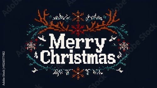 Merry Christmas Pixel Art Greeting Card. Illustration 3D For inserting text in Copy spaces