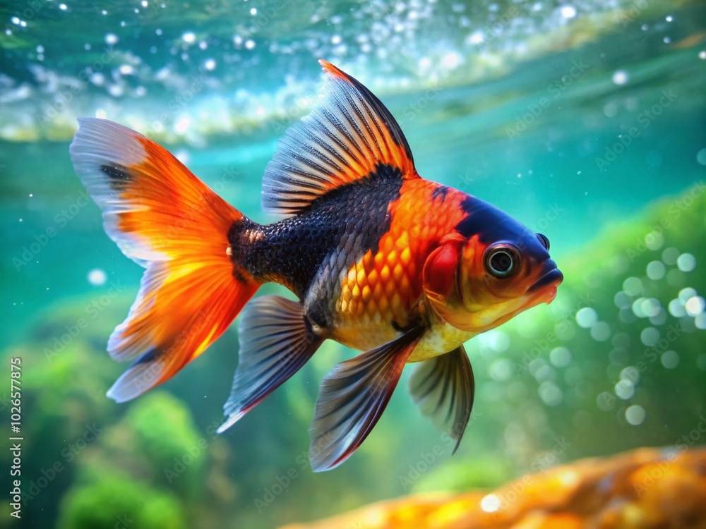 Stunning Orange and Black Goldfish Swimming Gracefully in Clear Water – Captivating Aquatic Beauty for Nature Lovers Stunning Orange and Black Goldfish Swimming Gracefully in Clear Water – Captivating Aquatic Beauty for Nature Lovers