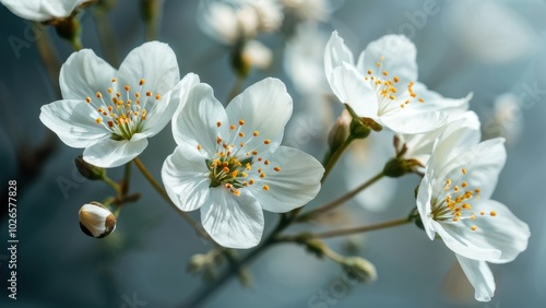 A close-up of delicate white flowers with orange stamens against a soft background.