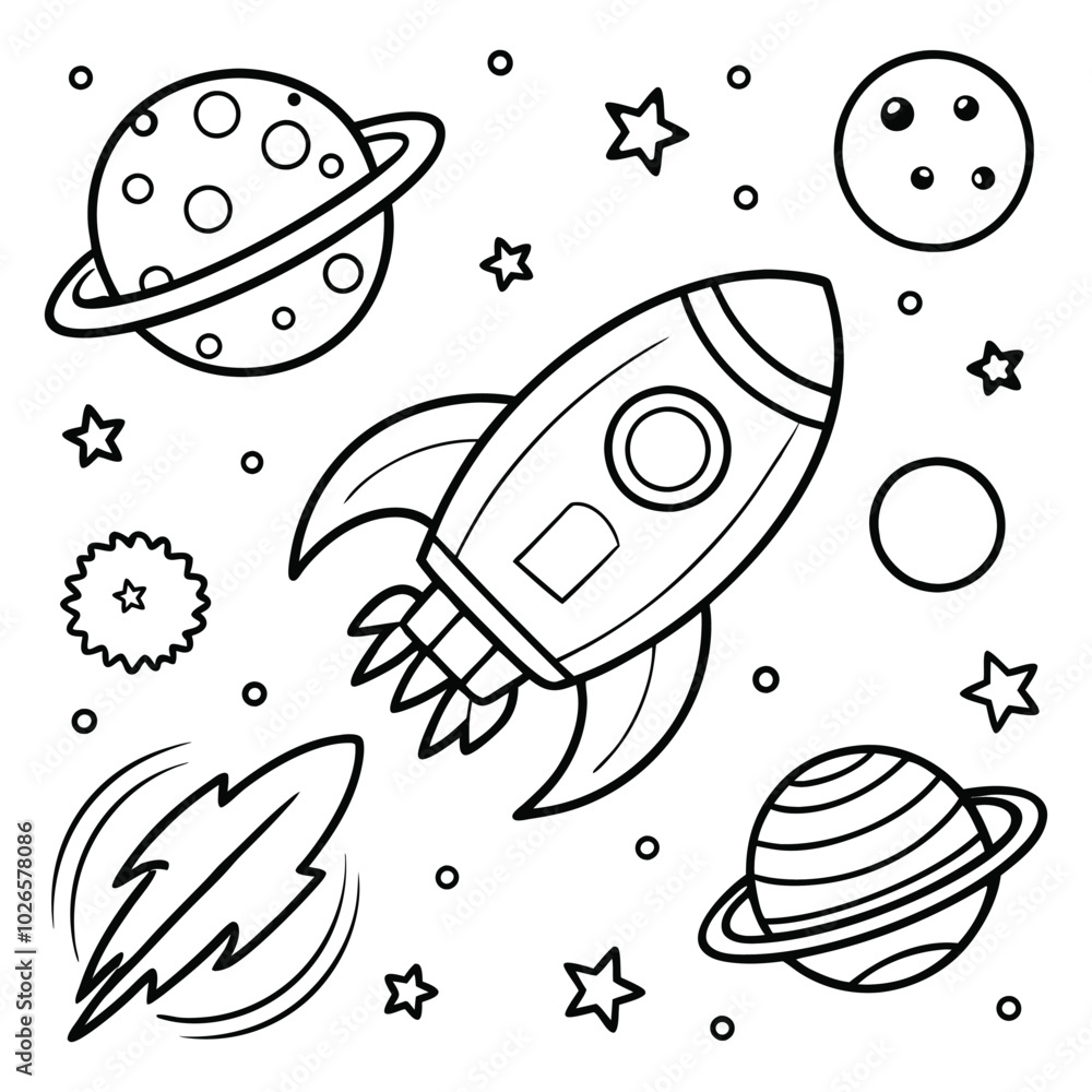 Naklejka premium Coloring book for children. Rocket, space, planets, stars. 