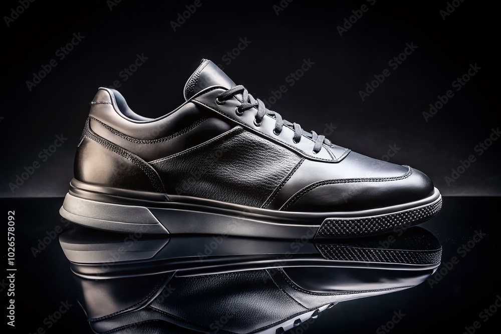 Closeup of Stylish Black Sneaker on Black Background for Modern Architecture Photography Closeup of Stylish Black Sneaker on Black Background for Modern Architecture Photography