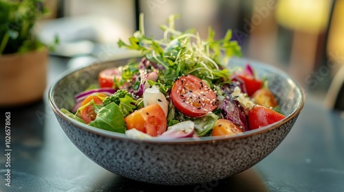 A fresh salad with tomatoes, red onion, feta cheese, and sprouts in a gray bowl on a black table.