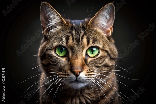 Closeup Portrait of a Green-Eyed Cat on Black Background - Stunning Fashion Photography