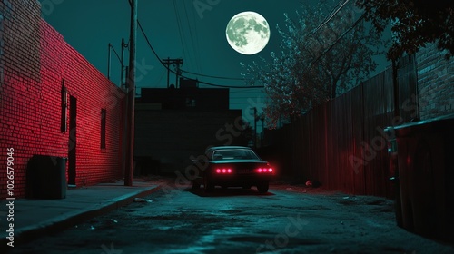 Car lights glowing in a dark alley under a full moon photo