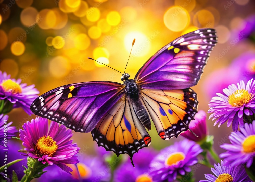 Obraz premium Stunning Purple and Gold Butterfly on Vibrant Floral Background Capturing Nature's Beauty and Elegance in Close-up
