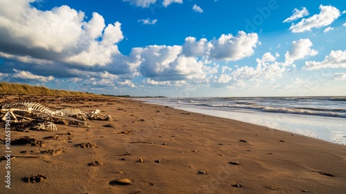 Tranquil Beach Scene with Cloudy Sky and Beach Remnants