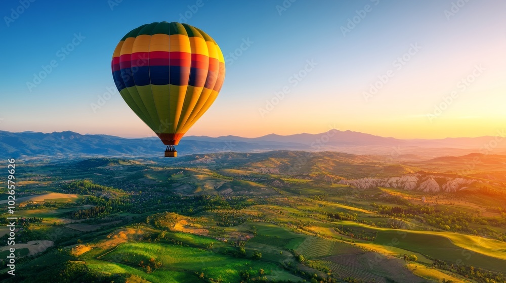 Obraz premium Colorful Hot Air Balloon Above Scenic Landscape