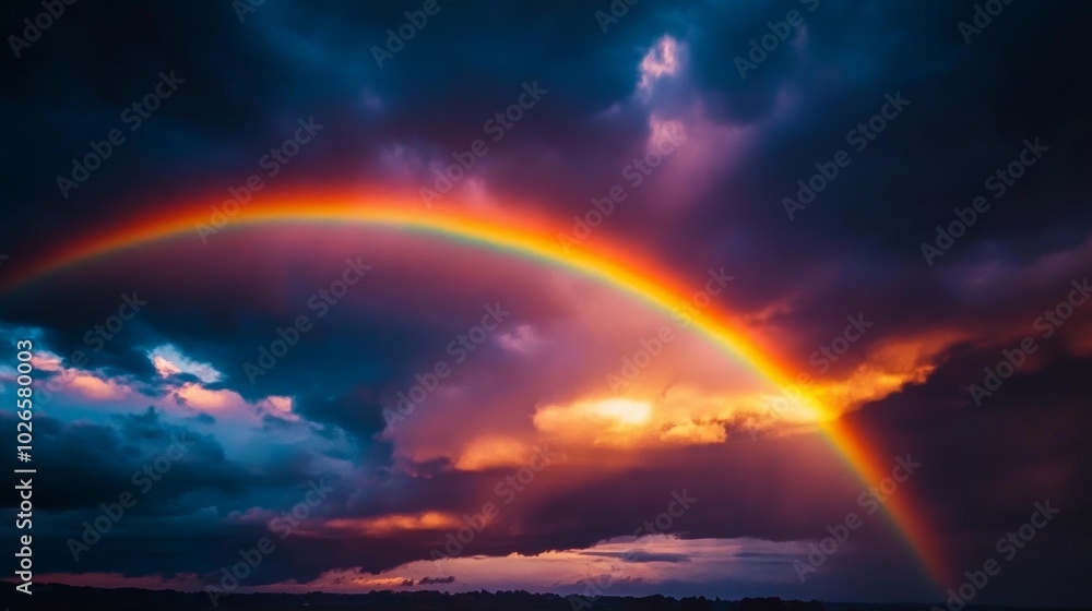 Vibrant Rainbow Over Dark Stormy Sky Vibrant Rainbow Over Dark Stormy Sky
