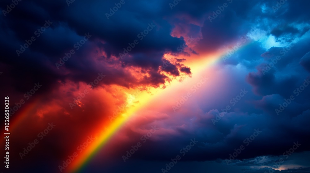 Vibrant Rainbow Amidst Dramatic Clouds at Dusk Vibrant Rainbow Amidst Dramatic Clouds at Dusk