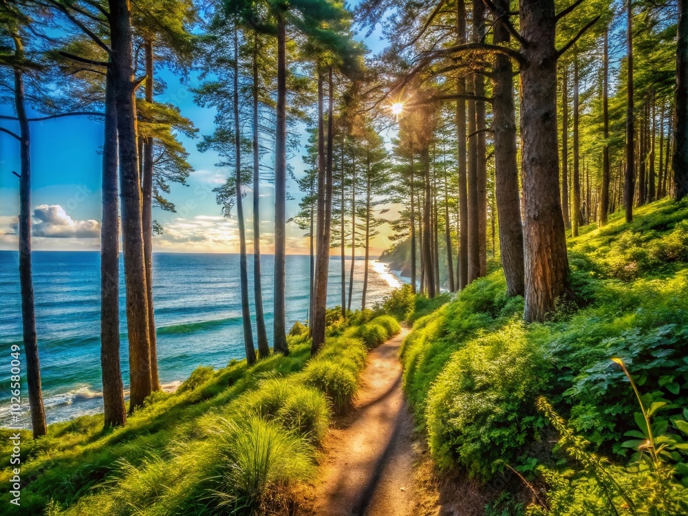 Coastal Forest Hiking Trail with Tall Trees - Nature Photography Coastal Forest Hiking Trail with Tall Trees - Nature Photography