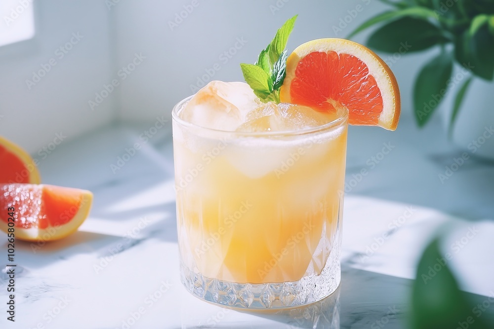 Fototapeta premium a beautiful cocktail on a table, realistic picture, simple white background, photoshoot style