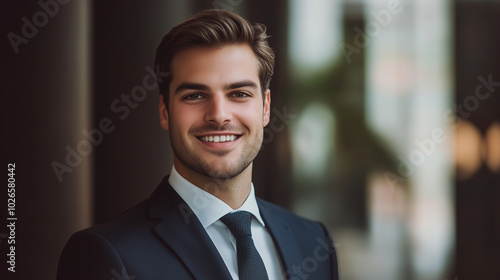 handsome businessman in formal wear smiling and looking at camera.