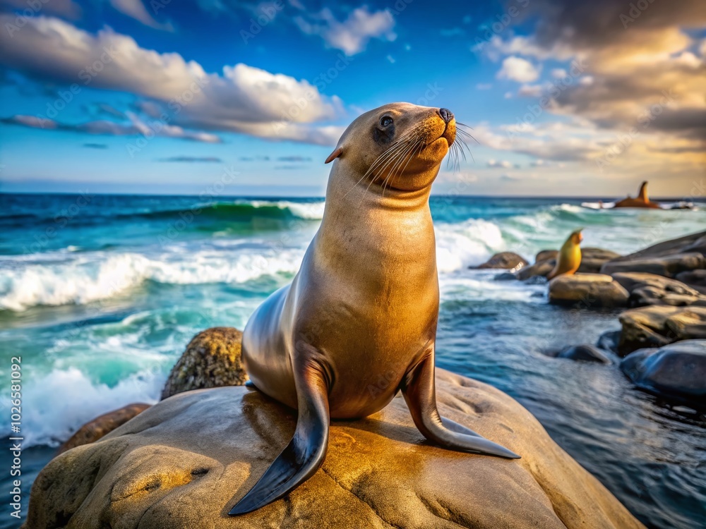 Obraz premium Stunning Sea Lion Pics Capturing Playful Moments in Their Natural Habitat by the Ocean and on Rocky Shores