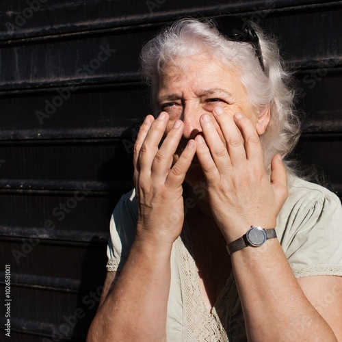 An elderly woman covers her face with her hands in despair. Portrait against a dark wall in a low key.