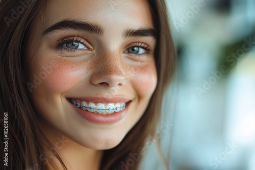 Young woman with modern braces on teeth, dental care concept