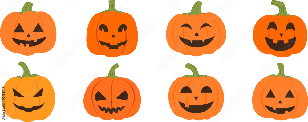 Halloween pumpkin set. Orange pompkins with face. Vector illustration. Halloween pumpkin set. Orange pompkins with face. Vector illustration.
