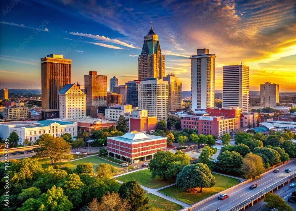 Obraz premium Stunning Skyline Views of Alabama: Urban Landscapes and Iconic Architecture Under a Clear Blue Sky