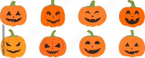 Halloween pumpkin set. Orange pompkins with face. Vector illustration.
