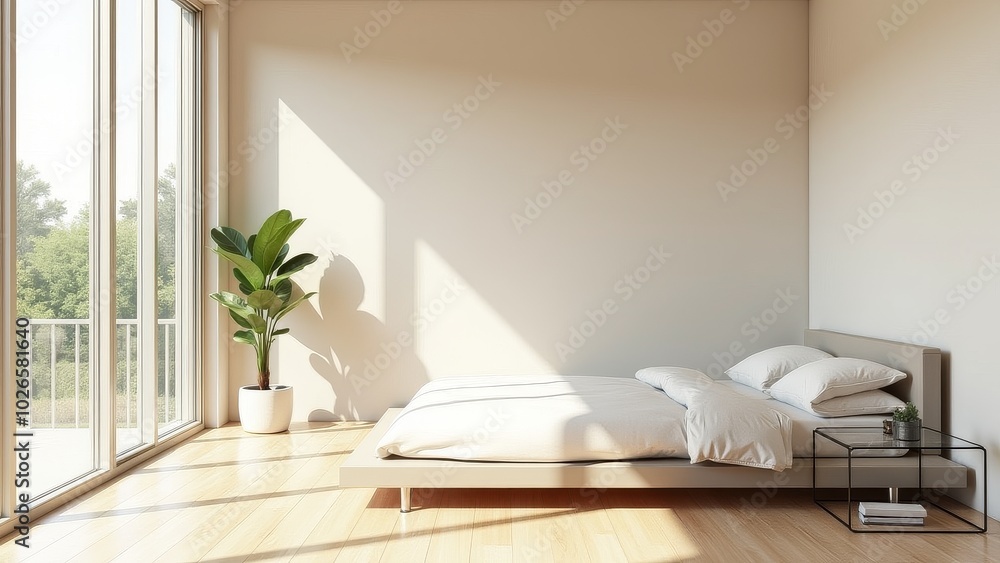 Generative, AI, A minimalist bedroom with a large window, a bed, a potted plant, and a small glass table, bathed in sunlight. Generative, AI, A minimalist bedroom with a large window, a bed, a potted plant, and a small glass table, bathed in sunlight.