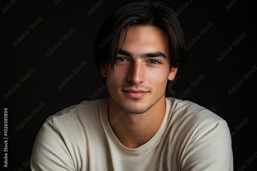 Fototapeta premium Portrait of handsome woman with model face and black hair