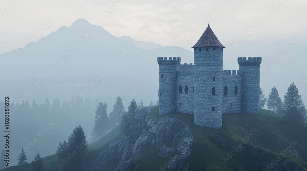 Naklejka premium Ancient Castle on Misty Mountain Landscape