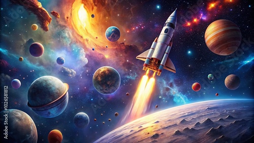 Fototapeta Naklejka Na Ścianę i Meble -  Stunning Space Exploration Wallpaper for Your Device Featuring Rockets, Stars, Planets, and the Universe in Vibrant