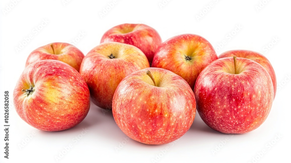 A group of eight red apples with yellow stripes arranged on a white background. A group of eight red apples with yellow stripes arranged on a white background.