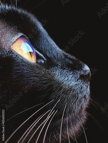 black cat, full of imagination, surrealism, iridescent colors