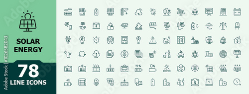 Solar energy line icons set. Minimalist solar power vector illustration. Modern thin outline style of sun power and renewable electric energy icons.