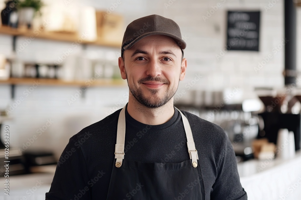 Cute man barista stands behind the counter of coffee shop. Takeaway food Cute man barista stands behind the counter of coffee shop. Takeaway food