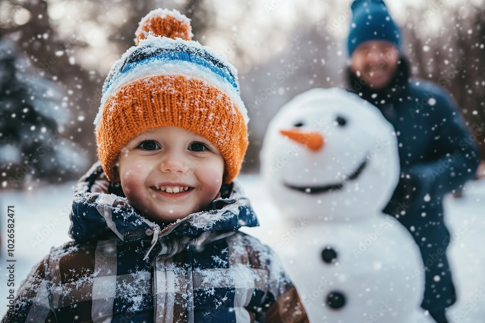 Cute child and dad standing near snowman in the park Cute child and dad standing near snowman in the park