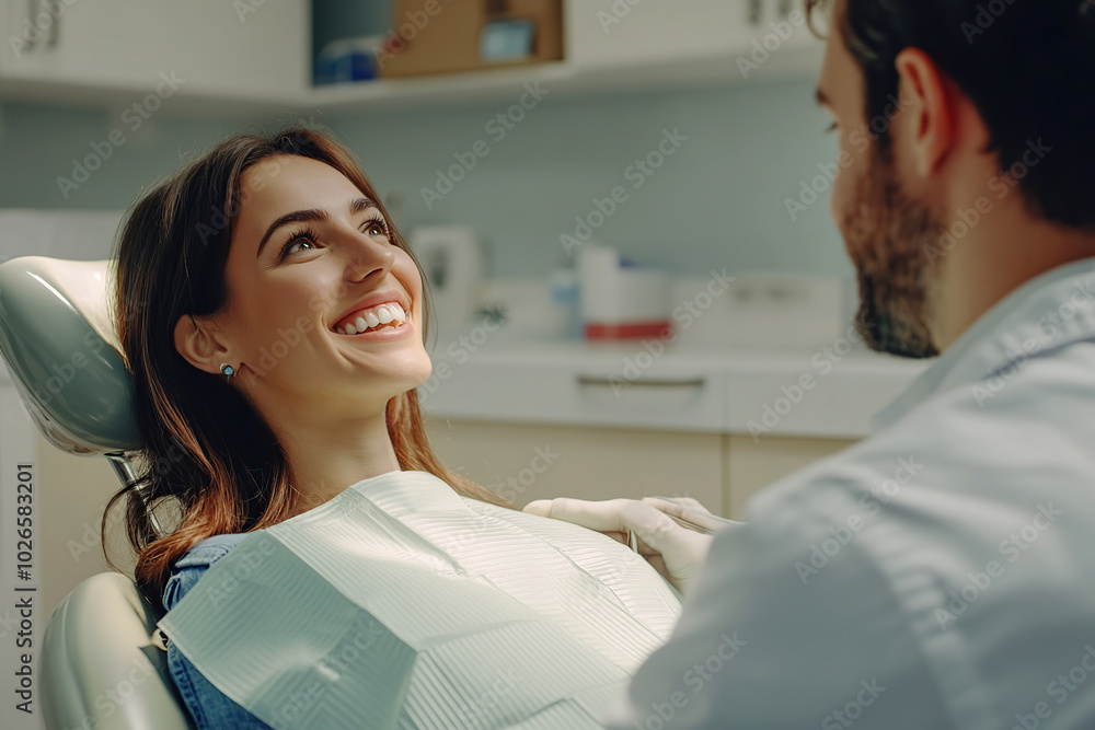 Photo of young woman sitting in a dental chair and male dentist treating her teeth Photo of young woman sitting in a dental chair and male dentist treating her teeth