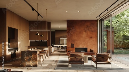 A modern living space with an open floor plan, featuring a terra cotta accent wall, sleek wooden furniture, and minimalist decor  photo