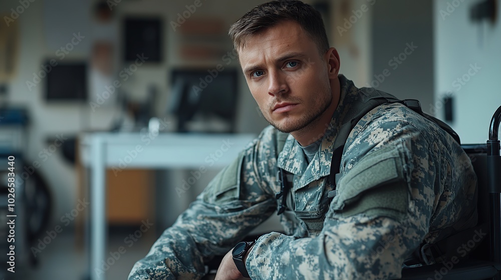 Fototapeta premium Military soldier in camouflage uniform sitting in wheelchair