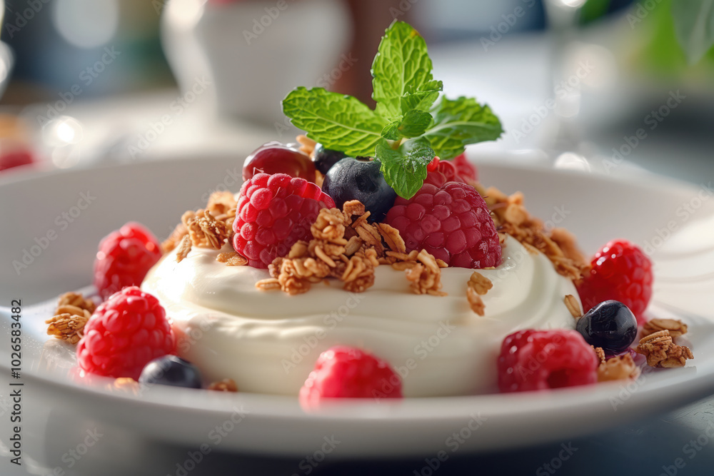 breakfast plate with greek yogurt, fresh berries, granola and mint leaves breakfast plate with greek yogurt, fresh berries, granola and mint leaves