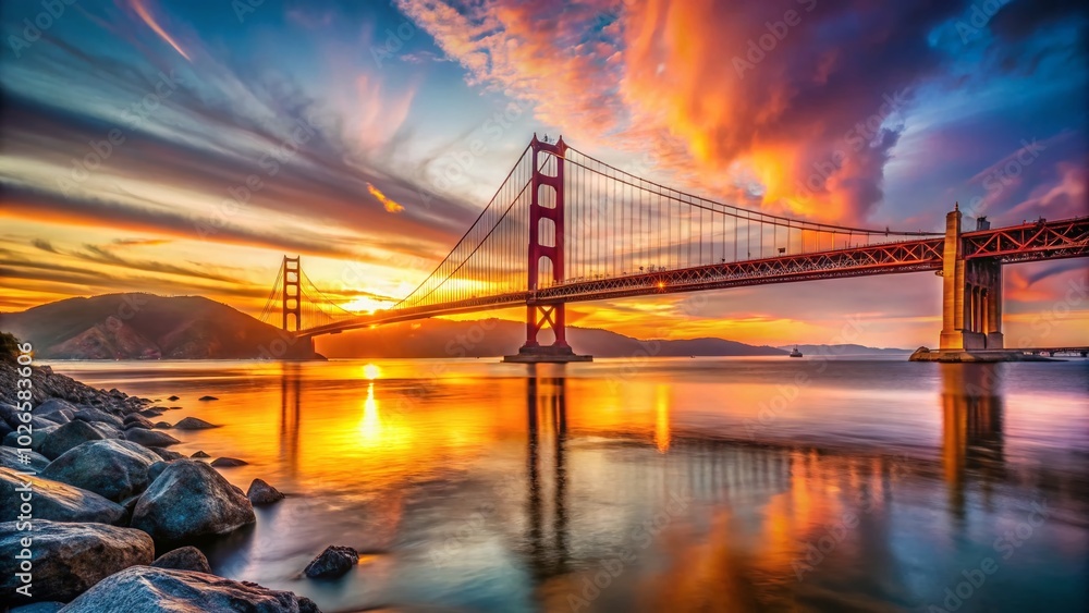 Obraz premium Stunning View of the Portugal Golden Gate Bridge at Sunset with Vibrant Colors Reflecting in the Water for