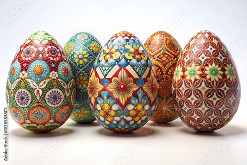 Colorful Decorative Eggs in Rule of Thirds on White Background - 3D Render for Easter Celebrations