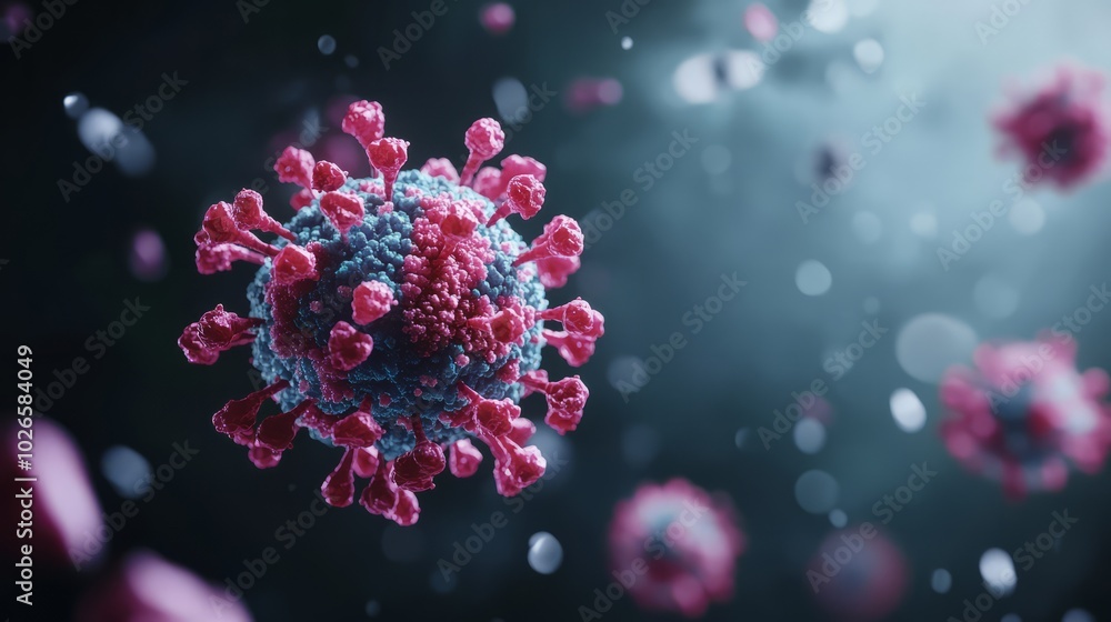 Microscopic Menace: An intricately detailed, photorealistic rendering of a virus, showcasing its complex structure, offering a stark visual representation of the microscopic threat. Microscopic Menace: An intricately detailed, photorealistic rendering of a virus, showcasing its complex structure, offering a stark visual representation of the microscopic threat.