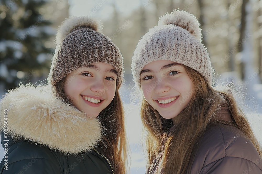 Portrait of beautiful young twins sisters dressed in warm clothes in winter park Portrait of beautiful young twins sisters dressed in warm clothes in winter park