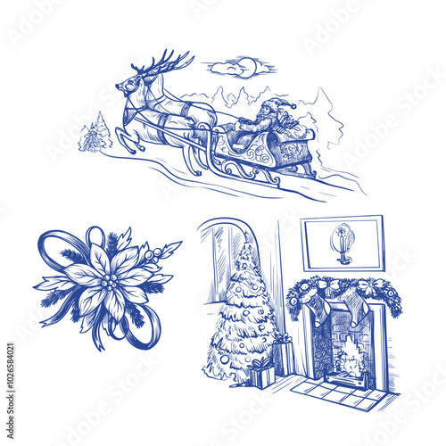 Santa, poinsettia, fir tree in toile style isolated. Vector.