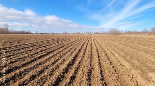 Expansive Field with Tilled Soil Under a Blue Sky