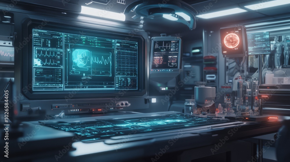 Advanced life support machine in a futuristic operating room, AI-generated with complex 3D visualizations of patient health metrics and ventilator systems Advanced life support machine in a futuristic operating room, AI-generated with complex 3D visualizations of patient health metrics and ventilator systems