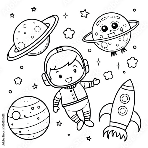 Astronaut in space around planets and  a rocket ship coloring page for kids