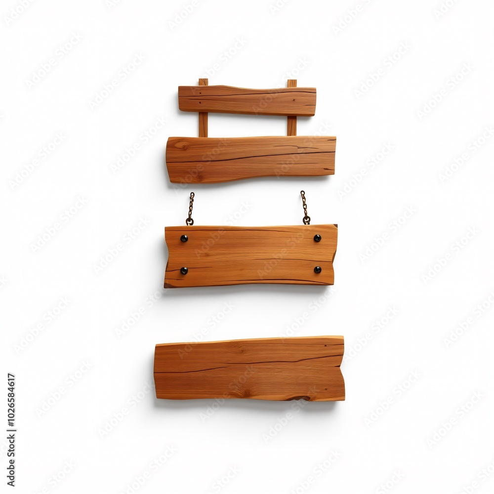 Wooden signboards hanging from chains against a white background showcasing their rustic charm and versatility Wooden signboards hanging from chains against a white background showcasing their rustic charm and versatility