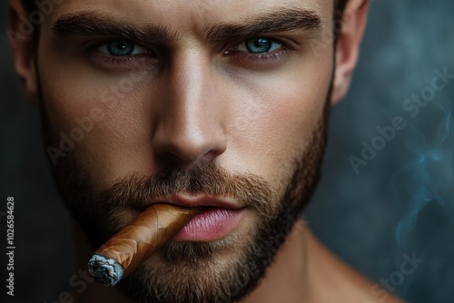 Closeup photo of man smoking cigar photo