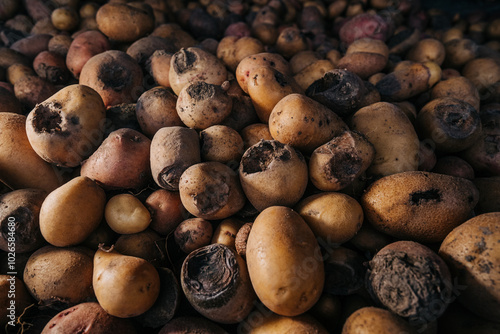 Картината върху платно Bad spoiled potatoes, wireworm eaten, unhealthy vegetables
