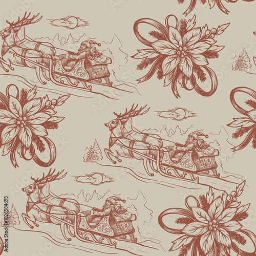 Seamless pattern with Santa, poinsettia, fir tree in toile style. Vector.