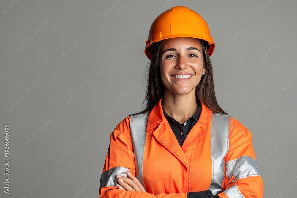 Portrait of female worker in helmet and safety vest on grey background Portrait of female worker in helmet and safety vest on grey background