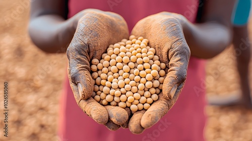 Soybean Farmer’s Hands: Weathered hands holding a handful of harvested soybeans, dust clinging to calloused skin.  photo